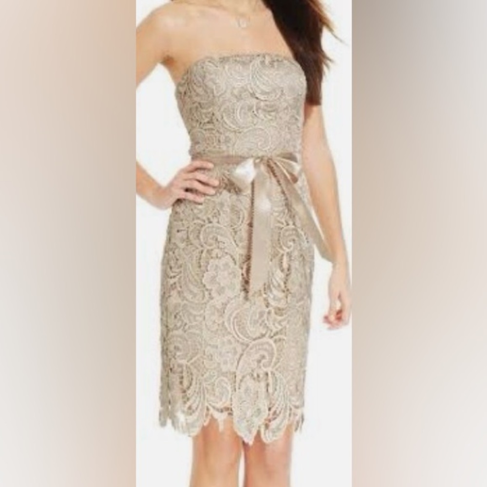 Adrianna Papell Strapless Embroidered Lace Cocktail Dress Gold Beige Size‎ 6 EUC - Picture 2 of 15